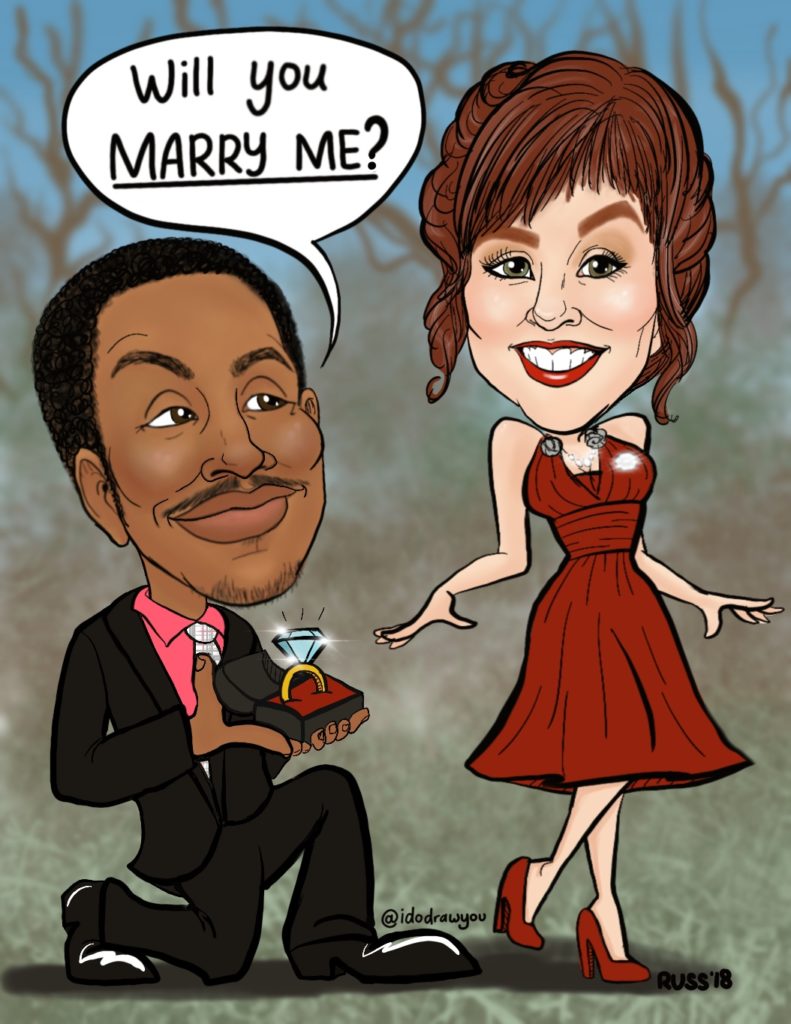 Smith wedding couple holding their caricature